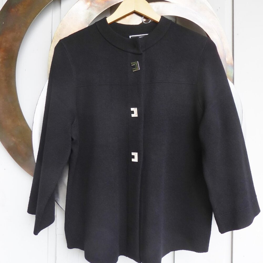 Melanie Lynne  Black Dress Cardigan with gold detail, Size Lg.